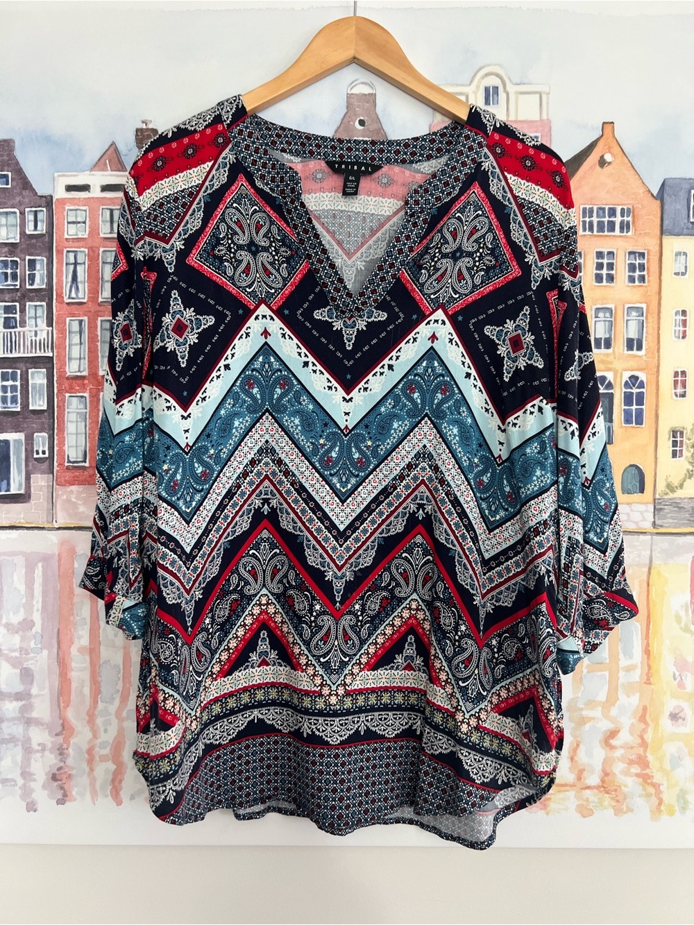 Tribal Women's Chevron Paisley Tunic in Navy, Teal & Red Size Large